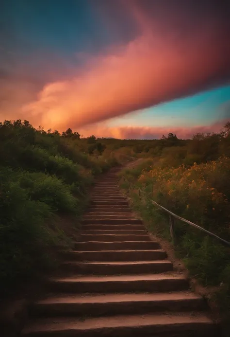 Close-up of the staircase leading to the rainbow sky, A colorful staircase to heaven. The sky was covered with rainbow-colored clouds. This staircase leads from hell to heaven, Reflecting the colors of heaven. Rainbow clouds take you to the colorful sky. T...