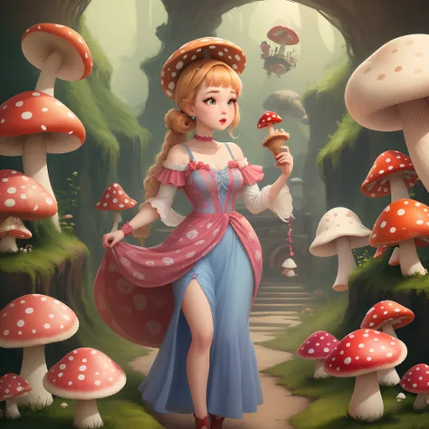 Pixar-style beauty wearing a mushroom