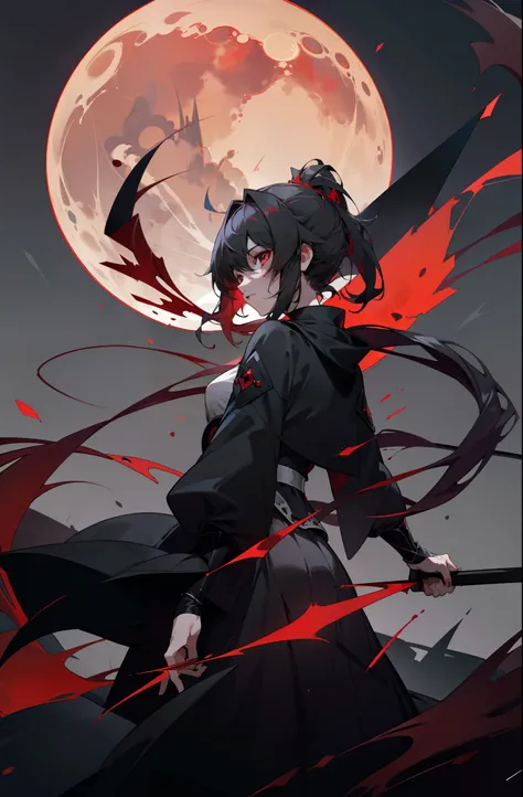 black-red scythe，bloodstained scythe of death，black cloak of death，nigth，blood red moon，a lot of blood，black-red tones