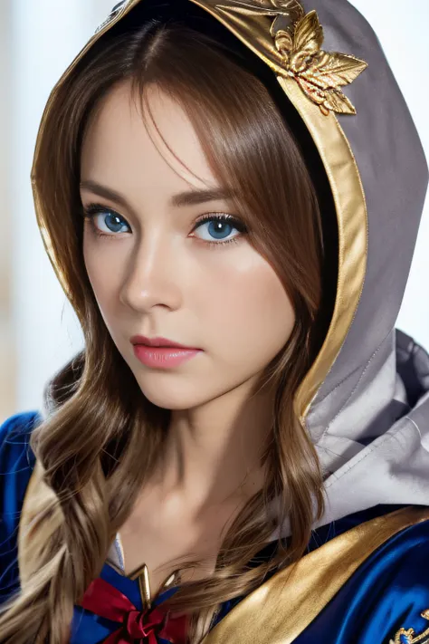 full body shot of princess zelda, brown hair, blue eyes, dressed as an assassin from assassin's creed, in white+white mask on go...