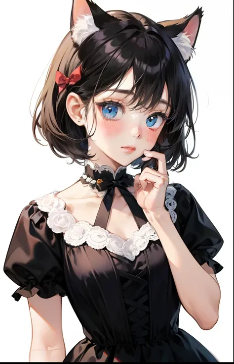 girl with、Background white、without background、Black hair、short-cut、with blush cheeks、Embarrassing、Black Dress、Cats ears、frilld、bow ribbon、kawaii、without background