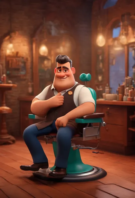 A Dream Barber Inspired by Pixar Animation, de perto. The character takes center stage with captivating facial expressions, oferecendo um toque de irrealidade, Cabelo curto e gordinho gradiente