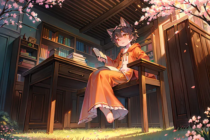 A wolf，orange robe，rays of sunshine，sitting before a table，Peach blossom tree，book，Bright surroundings，Black hair，Orange pupils，Shota，adolable，Ambiguous gender，grassy fields，clear blue skies，falling flower petals，out a hand，Ao olhar para cima