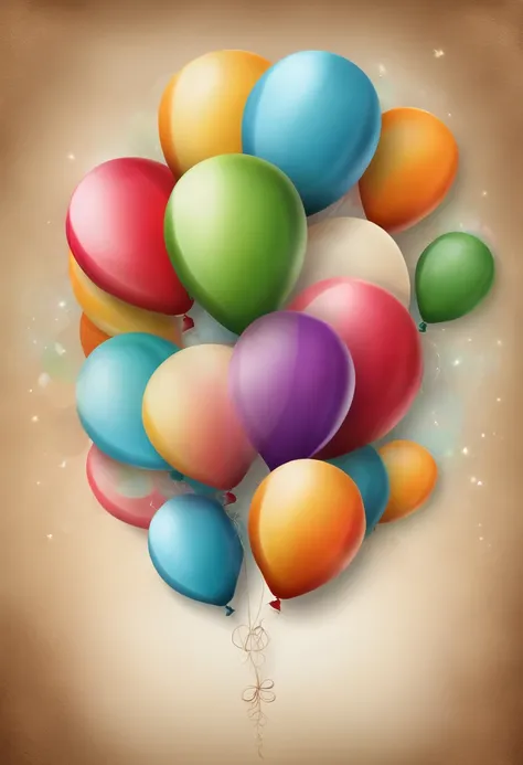 card with balloons, , realistic, vibrant colors, written "PARABENS " 3D