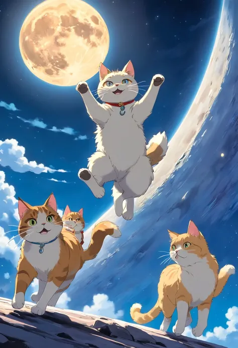 There are three cats running on the moon，Blue sky in the background