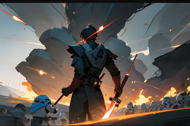 view from behind the man, Jedi ready to fight, jedi, main character is a jedi, holding a lightsaber, star wars, yellow lightsaber, jedi surrounded by stormtrooper army, ominous, ((masterpiece)), ((highly detailed)), stylised marvel comic, dark weather, sta...