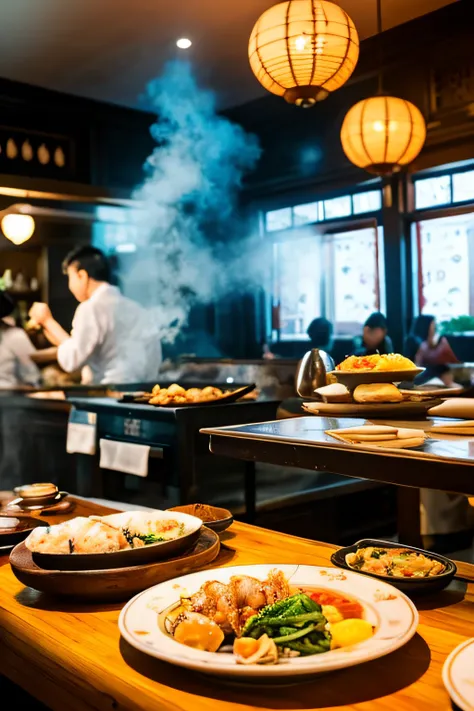 (best quality,highres,ultra-detailed),a bustling kitchen in a traditional Chinese restaurant, skilled chefs are busy preparing dishes,detailed focus on chefs hands quickly chopping and stir-frying,aromas of various spices fill the air, intricately designed...