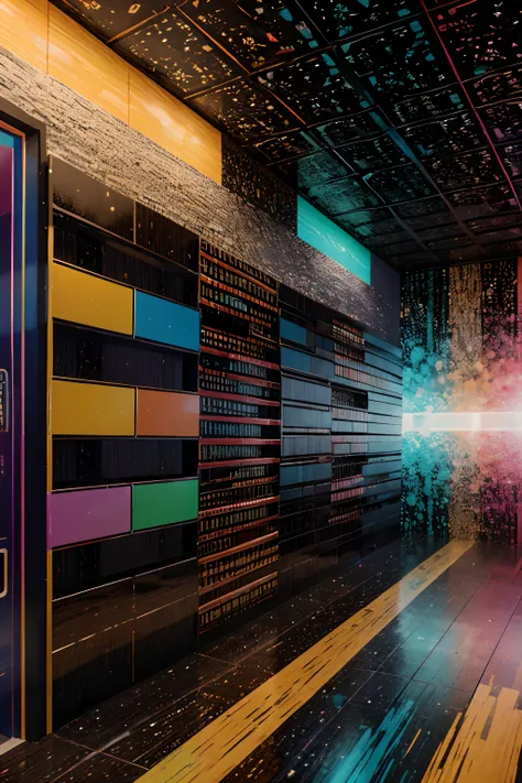 A Giant wall 30 ft tall and 1 mile long made of infinite number of Rectangular wood blocks with glossy plastic like colors going through Cosmos, with colorful 3D ink splashes all over it, product, vibrant, cinematic, photo, 3d render, poster, painting, ani...