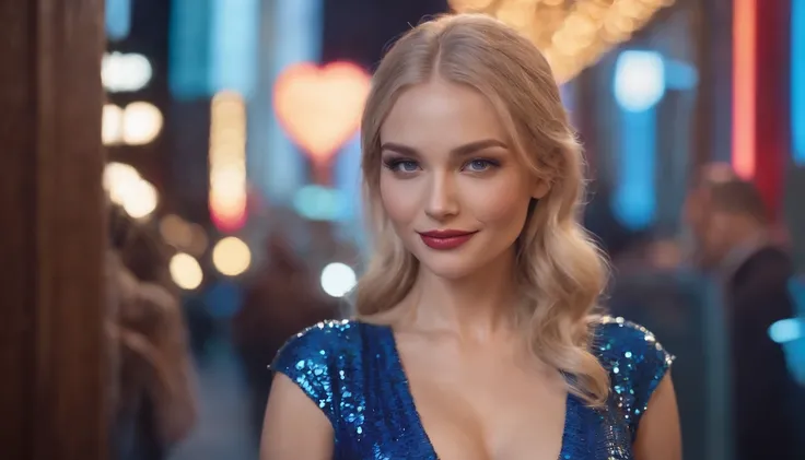 A sexy woman in blue sequins sits with a cane on her cheek, smiling as she looks at me against the colorful neon lights of New York City　The woman has beautiful blonde hair and clear blue-gray eyes、Double eyelids、Slightly open mouth、Fleshy lips、perfectly p...