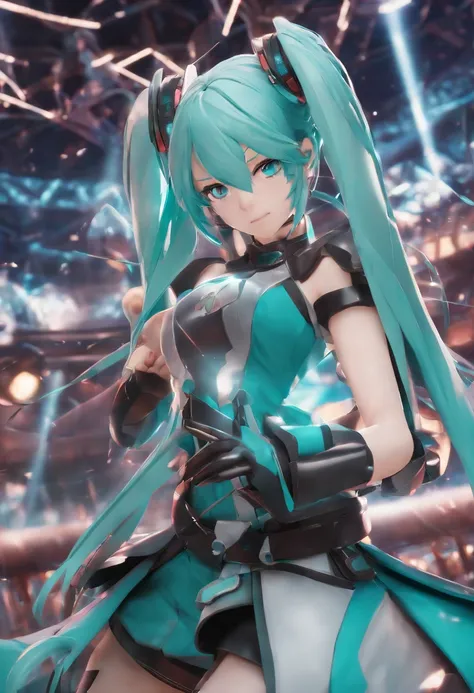 Hatsune Miku Fist Melee Combat、holding the mic、Perfect body structure、