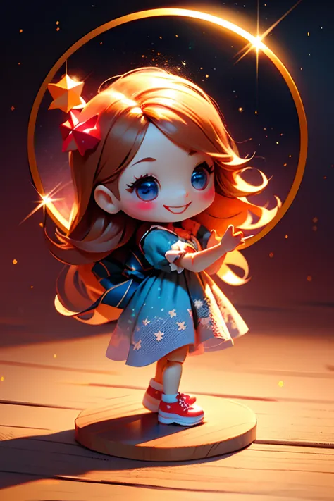 Place one small doll on a circular stand、The doll is made of crystal、A smile、Chibi Doll、Stars in the eyes（kirakira）、Raise your right hand、Eye Up、Laugh、Cute red shoes、Ultra Detail, radiant light、bio luminescent、Taken from the side、Stronger bokeh effect