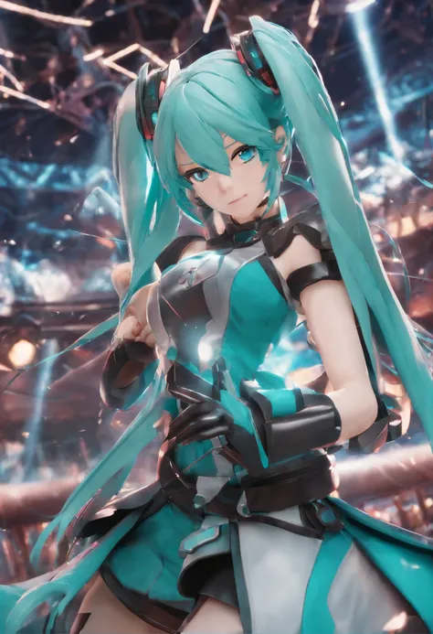 Hatsune Miku Fist Melee Combat、holding the mic、Perfect body structure、