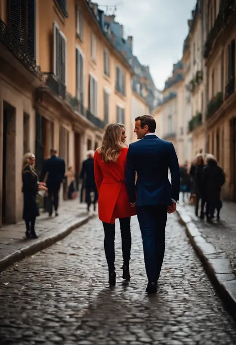 Macron in the street with really beautiful sexy woman