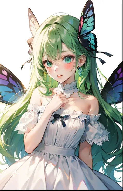 girl with、Background white、without background、Green head hair、The long-haired、with blush cheeks、Embarrassing、White Dress、butterflys々、Butterfly wings grow、frilld、bow ribbon、kawaii、without background