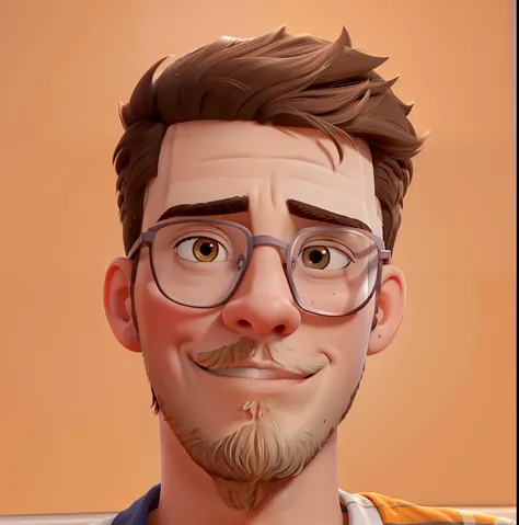 Face of a white boy with thin glasses and round beard, camisa laranja e fundo laranja