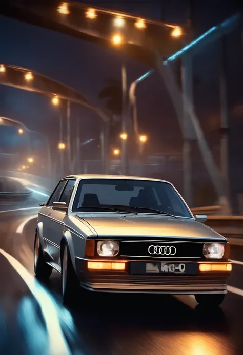 a 3d pixar disney style movie poster with  a silver 1978 Audi 80 B2 racing on the road