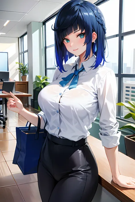 ((masterpiece, best quality)), (1girl),((mature female)), blue hair, ((office lady )),bangs,middle breast,(busty),slim,smile, [wide hips],office,standing