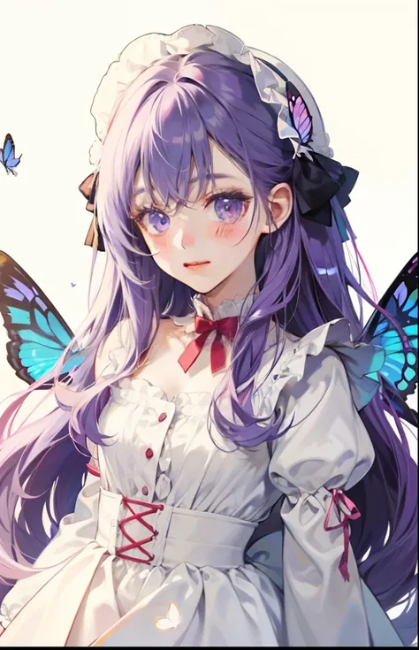 girl with、Background white、without background、Purple hair、The long-haired、with blush cheeks、Embarrassing、White Dress、butterflys々、Butterfly wings grow、frilld、bow ribbon、kawaii、without background