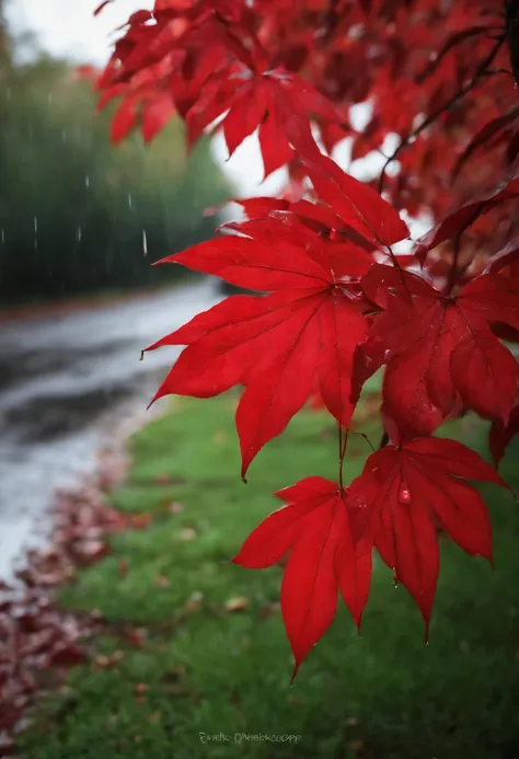 Red leaves after rain