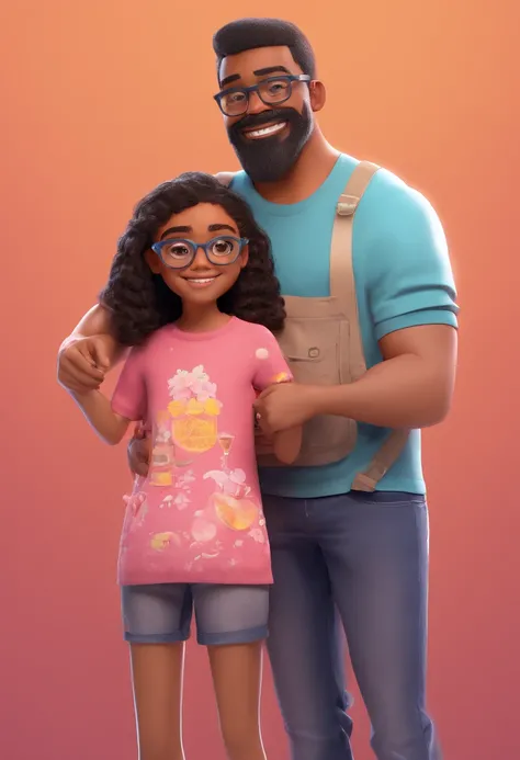 An illustration of a father and daughter, a filha tem 11 anos, loira, veste uma blusa preta e um short jeans. Shes hugging her father, um homem de barba, bespectacled, gordo, cabelos negros, And theyre both very happy