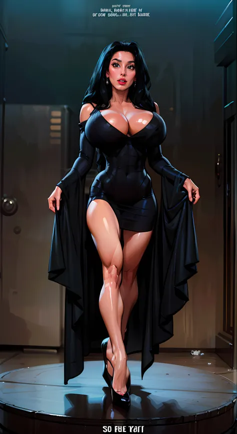 ((full body view:1.2)), Morticia, colored skin, (white skin:1.4), ((front view:1.3)),  (puffy lips:1.4), (gigantic breasts:1.2), long black dress, design sheet, masterpiece, (slendered abs:1.2) ,detailed , shiny skin, beautiful lighting from the side, hars...