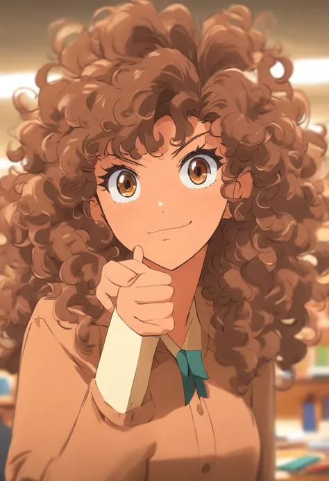 female, brown hair, curly, teacher, brown eyes, office, mature women, long hair, 90s anime