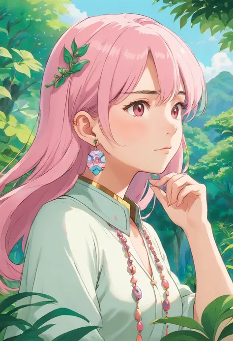 a girl wearing an anime collar, a long necklace and earrings, in the style of tranquil gardenscapes, colorful animation stills, masami teraoka, paul gauguin, Embry style, honest portrayal, pink mid length hair, with white background