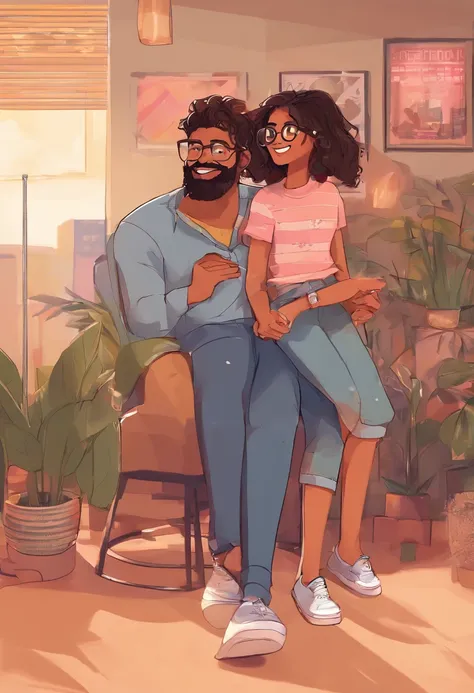 An illustration of a father and daughter, a filha tem 11 anos, loira, veste uma blusa preta e um short jeans. Shes hugging her father, um homem de barba, bespectacled, gordo, cabelos negros, And theyre both very happy