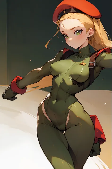 ((top-quality)),
 perfect condition,
 Perfect shape,
 cammy,
 Olive Drab leotard,
 Red beret,
 Curvaceous,
 Beautiful skins,
 Beautiful belly,
 hips up,
 sweet,