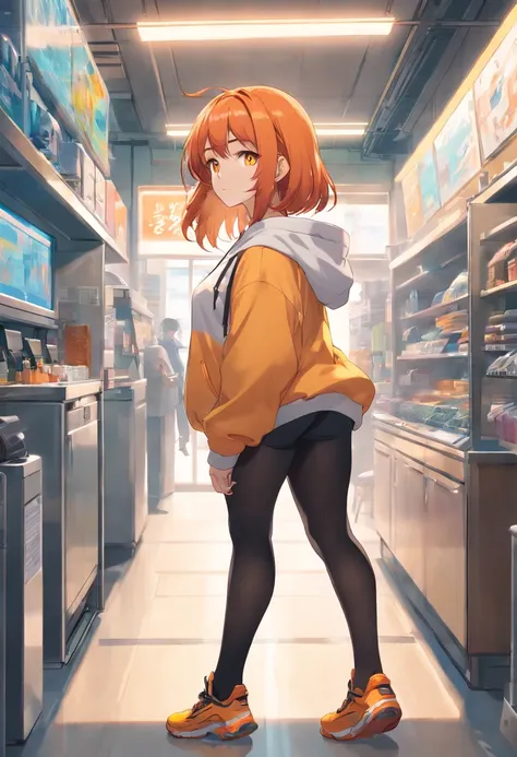 1 female、Orange hair、Colossal tits、Huge ass、Fitting black full-body tights、yellow  eyes、thick thighs、a short bob、Thigh muscles、Strong thighs、White hoodie