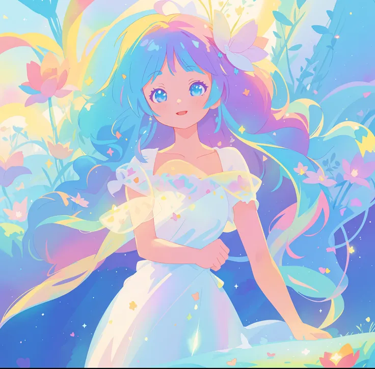 beautiful girl in sparkling white dress, glowing ballgown, long colorful rainbow hair, colorful fantasia background, watercolor illustration, disney art style, glowing aura around her, glowing lights, beautiful digital illustration, fantasia otherworldly l...