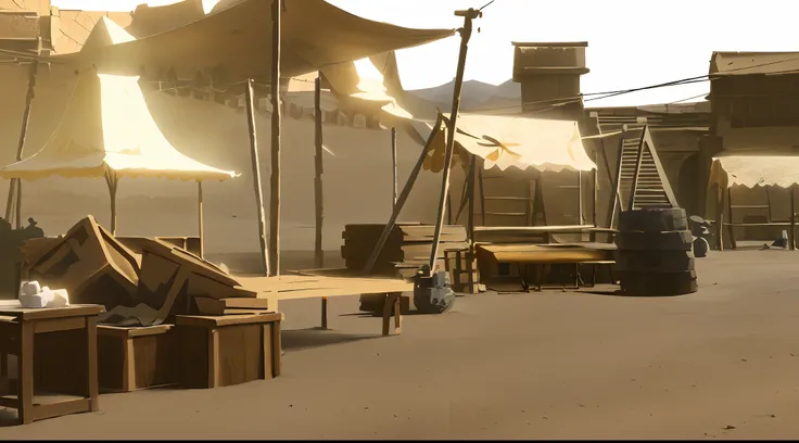 desert market building with lots of goods, lots of tents, sand and stone road, lots of tied ropes, lots of tables, lots of tall stone statues, lots of flags tied on ropes, Makoto Shinkai style render, anime style, 2D style render, bones and skulls, sand du...