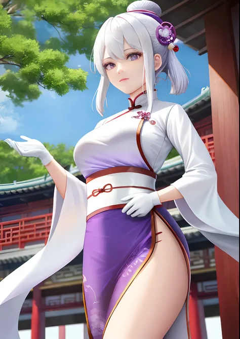 A woman，White hair，Wear purple Hanfu，Wear long white gloves，Chinese Ancient Architecture