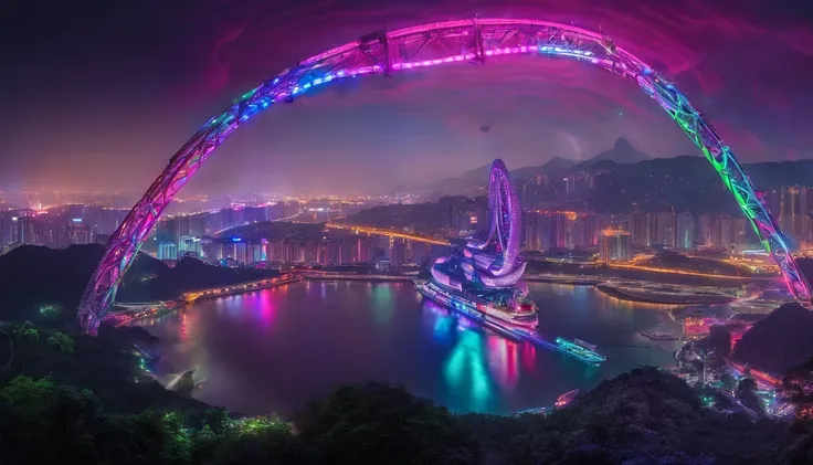 Create commercial photography depicting Qingxiu Mountain in Nanning，nighttime scene，Cruise ships in motion，The beautiful bridge is accompanied by colorful bands of light，