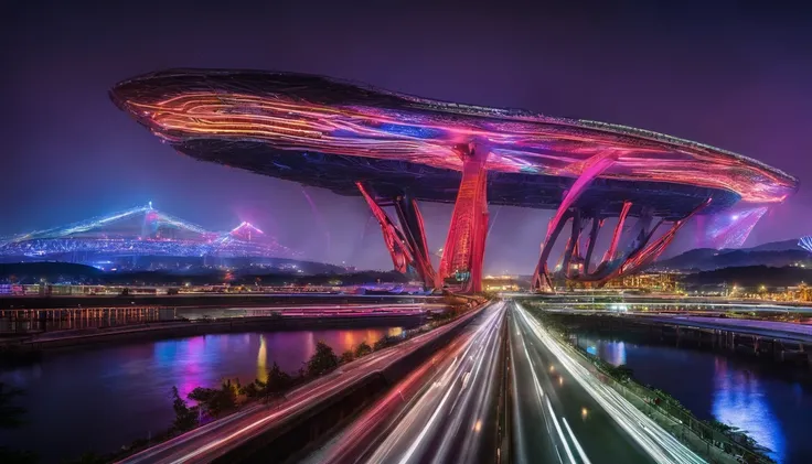 Create commercial photography depicting Qingxiu Mountain in Nanning，nighttime scene，Cruise ships in motion，The beautiful bridge is accompanied by colorful bands of light，