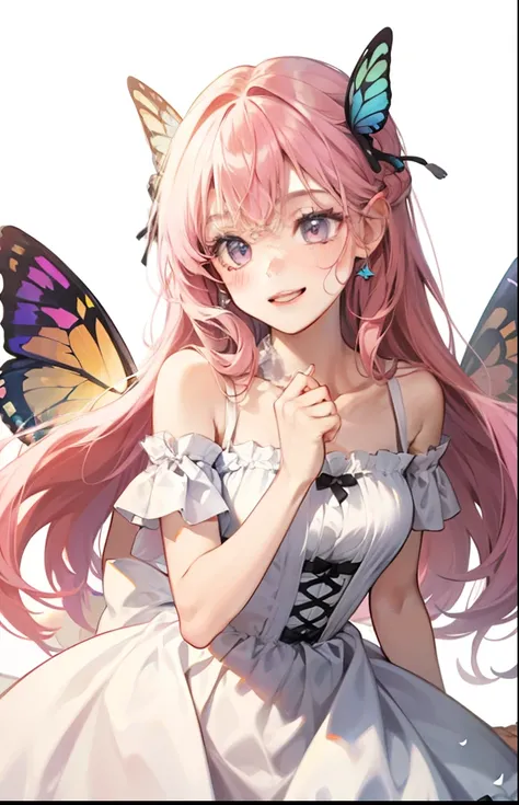 girl with、Background white、without background、Pink hair、The long-haired、with blush cheeks、Embarrassing、White Dress、butterflys々、Butterfly wings grow、frilld、bow ribbon、Smiling、kawaii、without background