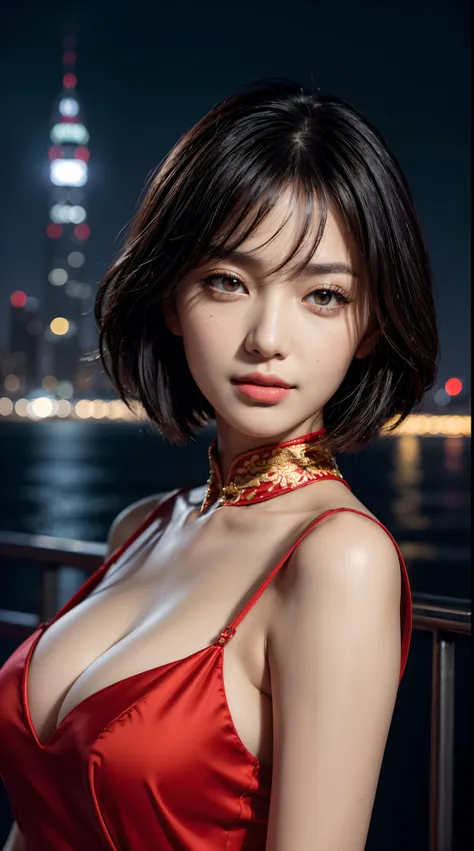 (((Luxury chinese motive red dress))), ((ideal body)), ((hazel eyes)), ((black hair)), ((medium short hair)), ((bright skin)), (((ultra-detailed))), ((illustration)), ((beautiful detailed eyes)), beautiful, amazing, detailed eyes, expressive eyes, solo, 1g...