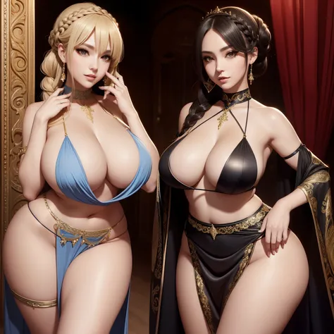 a Very very sexy exotic priestess, pervert, very cute smiling Vampire, huge Anime eyes, revealing outfit, skirt with a high slit, crop top, curvy, Slim form, large breasts, round ass, slim waist, Little mouth, very thick lips, almond-shaped eyes, braided h...