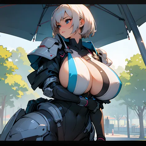 Girl, at park, short hair, massive breasts, large breasts, gigantic breasts, perfect anatomy, illustration, trending on algorithm