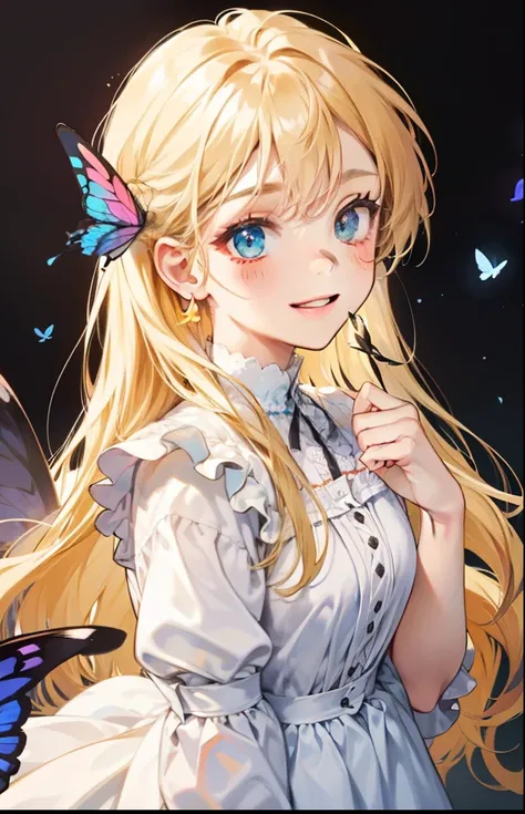 girl with、Background white、without background、Yellow head hair、a blond、The long-haired、with blush cheeks、White Dress、butterflys々、Butterfly wings grow、frilld、bow ribbon、Smiling、kawaii、without background