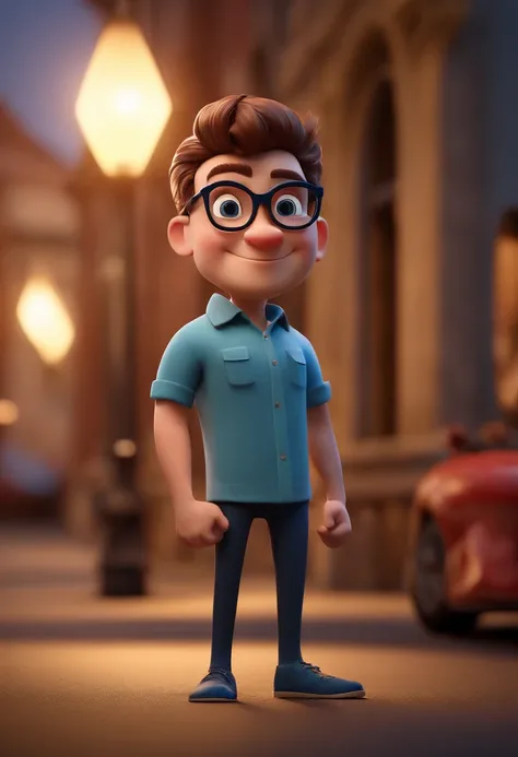 Cartoon character of a man with black glasses and a blue shirt, animation character, Caractere estilizado, animation style rendering, 3D estilizado, Arnold Maya render, 3 d render stylized, toon render keyshot, Personagem 3D, Personagem 3D, 3d rendering st...