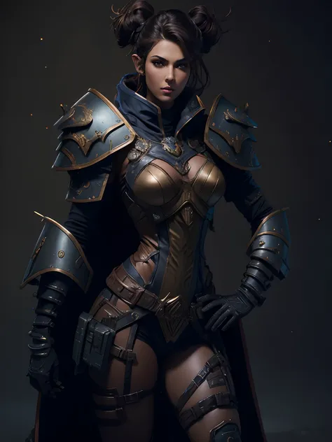 beautiful brown elf-gal 28 years space marine, tall dark elf gal, swexy female space marine uniform, pinup-gal uniform, full body shot, extreme long shot, dynamic pose, 24k