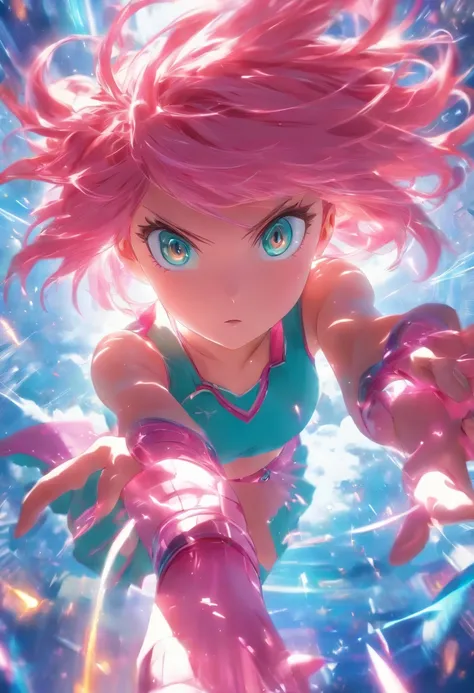 foreshortening,  depth of fields, Master parts, Best quality, 1girll, Pink hair, teal eyes,  medium hair, floatking,Pink rays, soio, looki at viewer,pinkdress, flight,  Dim sunlight,