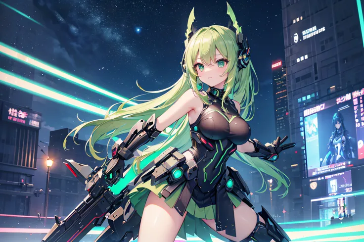 Leaning forward　There are no ears of the beast　(Android girl with emerald green and black body)　Black Headgear　(Combat stance)　Green and black sci-fi body armor　Sci-fi Skirt Armor　verd s eyes　pale yellow-green hair　Exposed shoulders　deadpan　Shoulder to sho...