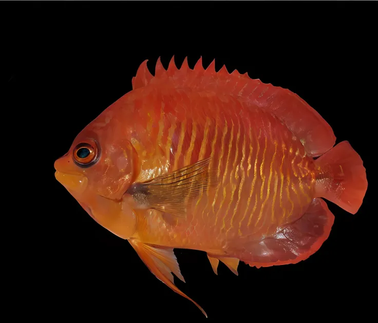 There is a fish that is orange and has a black background, muitas vezes descrito como flame-like, a foto mostra um grande, Escamas vermelhas, um colorido, h. hidrochaeri, chelicerae, A beautiful detailed orisha, peixes tropicais, contra um fundo preto prof...