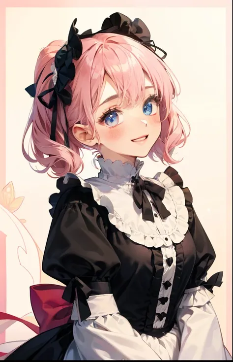 girl with、Background white、without background、Pink hair、Twin-tailed、Two knots、with blush cheeks、White and black Lolita fashion、frilld、bow ribbon、Smiling、kawaii、without background