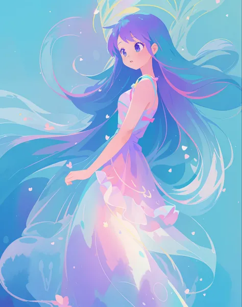 beautiful girl in colorful gradient flowing dress, long flowing blue purple pink white hair, blue aqua pink purple mint colors, colorful fantasia background, watercolor illustration, disney art style, glowing aura around her, glowing lights, beautiful digi...