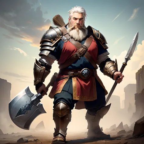 Dwarf man with the physical appearance of 29 years old defined body white hair eyes with different colors with a spartan style beard with a large war hammer in his hand and a padded armor