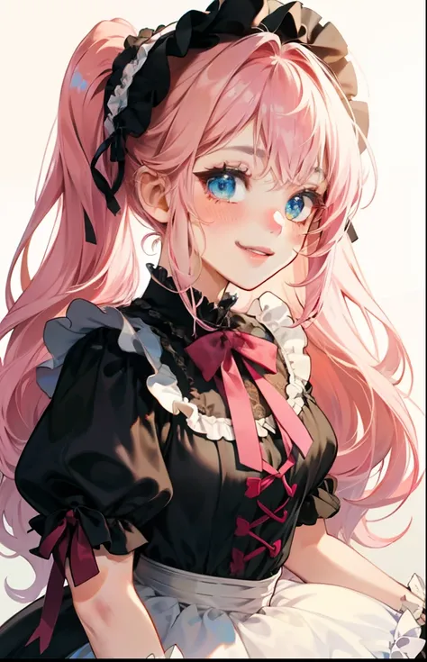 girl with、Background white、without background、Pink hair、Twin-tailed、Two knots、with blush cheeks、White and black Lolita fashion、frilld、bow ribbon、Smiling、kawaii、without background