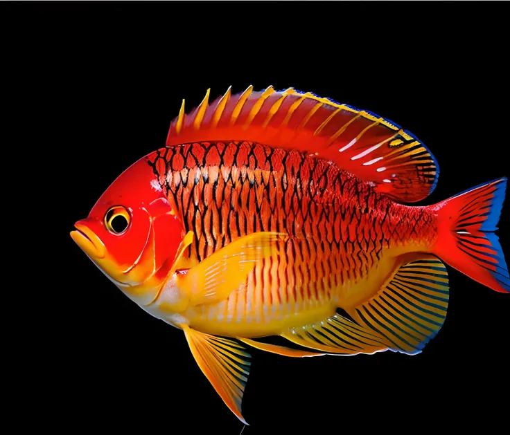 there is a fish that is orange and has a black background, muitas vezes descrito como flame-like, a foto mostra um grande, escam...